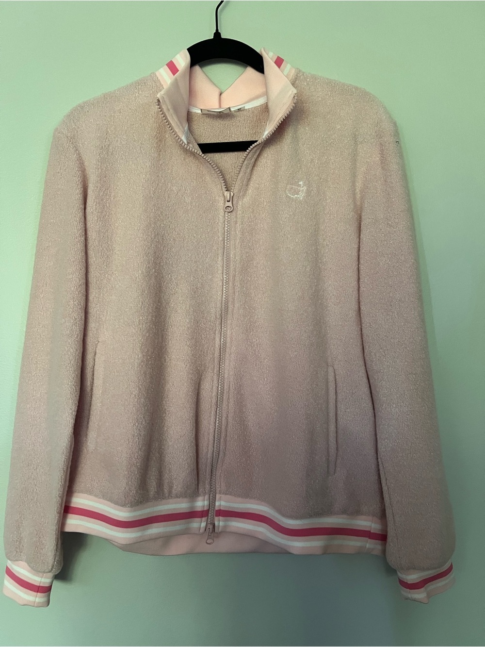 Soft Pink Zip-Front Teddy Jacket with Stripe Trim